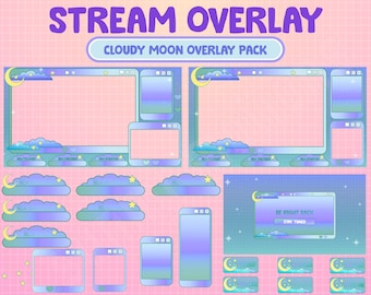 May include: A set of digital overlays for streaming, featuring a cloudy moon theme. The overlays include a main screen, a be right back screen, and several smaller elements like chat boxes and alerts. The overlays are designed in a pastel color scheme with a grid pattern background.