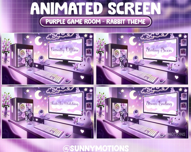 May include: Animated screen display for a purple themed gaming room with a rabbit motif. The screen shows four different scenes: "Currently Offline", "Starting Soon", "Thanks for Watching", and "Stream Ending".