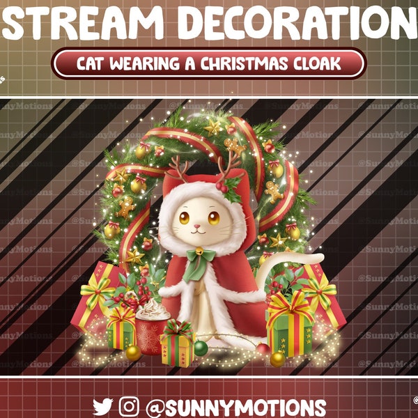 Animated Stream Decoration: Lo-fi Aesthetic Christmas White Kitty Wear Xmas Cloak, Noel Kitty, Wreath Light Gift Box Hot Coca Twitch Overlay