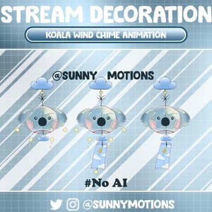 May include: Animated koala wind chime with a blue, white, and yellow color scheme. The koala is inside a clear bubble with a pink nose and black eyes. The wind chime is hanging from a cloud with a heart and a string. The text "@SUNNY MOTIONS" and "#No AI" are also included in the image.
