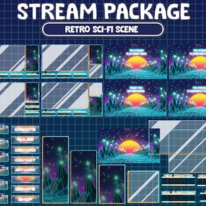 FULL ANIMATED Twitch Stream Package: 80&#39;s Style Background / Retro Sci-Fi Neon Blue Road / Retrowave Sun / / Retro Futuristic Space Universe