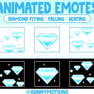May include: Animated diamond emotes in three different styles: flying, falling, and beating. The emotes are on a white background with a blue grid pattern and a black background with a white grid pattern. The text "DIAMOND FLYING - FALLING - BEATING" is at the top of the image. The text "@SUNNYMOTIONS" is at the bottom of the image.