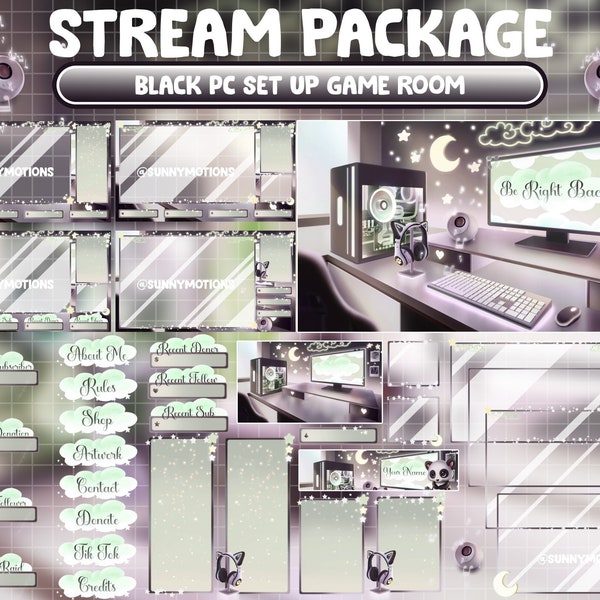 ANIMATED Twitch Overlay Stream Package: Cozy Lo-fi Black Green PC Set Up Gamer Room, Aesthetic House Alert Panel For Streamer OBS Streamlabs