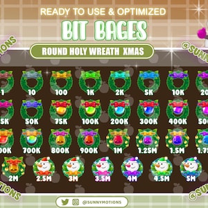 May include: A set of 18 Christmas wreath bit badges, featuring a green wreath with a variety of colorful ornaments and a snowman. The badges are labeled with different bit amounts, ranging from 1 to 5 million.