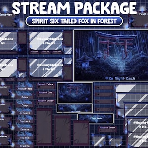 FULL ANIMATED Stream Package: Spirit 6 Tailed Fox In Aesthetic Japanese Torri Gate, Lo-fi Shrine In Dark Bamboo Forest Night Twitch Overlay