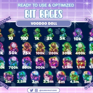 May include: A set of 20 colorful digital badges featuring a voodoo doll design. The badges are labeled with different bit amounts, ranging from 1 to 5 million.
