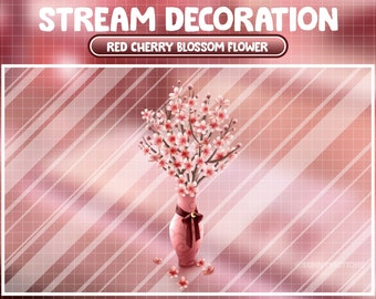 Puede incluir: Un jarrón con un arreglo de flores de cerezo rojo. El jarrón está decorado con un lazo rojo. El fondo es un patrón de cuadrícula rosa y blanca.
