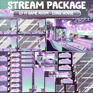 ANIMATED Twitch Overlay Stream Package: Lo-fi Aesthetic Purple Mint Green Room / Pembroke Welsh Corgi Dog / Tiger Monkey Flower Plant House