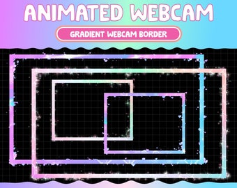 Könnte beinhalten: Animierter Webcam-Rahmen mit einem Farbverlauf in Rosa, Blau und Lila. Der Rahmen besteht aus vier Quadraten mit einem glitzernden Effekt. Der Text "GRADIENT WEBCAM BORDER" befindet sich in einem rosa Rechteck oben im Bild.