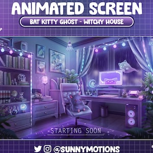 May include: Animated screen featuring a purple and blue witchy house with a computer desk, a cat ghost, and the text "BAT KITTY GHOST - WITCHY HOUSE" and "STARTING SOON".
