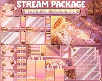 Animated Twitch Stream Package Overlay / Retro Lofi Desk / Cozy Aesthetic Autumn / Maple Leaves, Pumpkin Coffee, Book, Xmas Flower Christmas