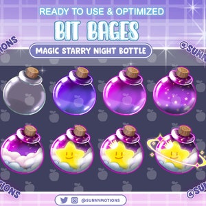 Könnte beinhalten: Eine Sammlung von acht Designs der "Magic Starry Night Bottle". Jede Flasche hat einen Korken und einen klaren oder violetten Glaskörper. Einige Flaschen zeigen Sterne, Wolken oder einen lächelnden Stern. Der Text "READY TO USE & OPTIMIZED" und "BIT BAGES" ist sichtbar.