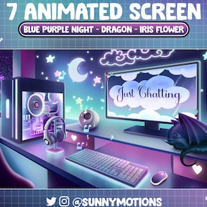 7 Animated Purple Blue Dragon House Twitch Screen Overlay, Celestial Starry Night PC Game Room Set Up, Music Stream Scene Vtuber Background