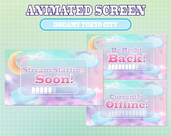 Écrans animés Twitch, jolis nuages pastel rêveurs avec barre de chargement / Hors ligne / BRB / Bientôt disponible / Kawaii / Lune / Widgets Streamlabs