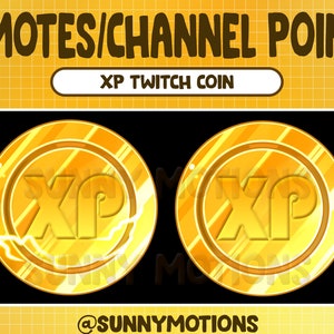 Può includere: Design di moneta XP Twitch dorata con la scritta "XP" al centro. L'immagine include il testo "EMOTES/CHANNEL POINT" e "XP TWITCH COIN". Lo sfondo è giallo con un motivo a griglia. È incluso anche il nome utente del creatore.