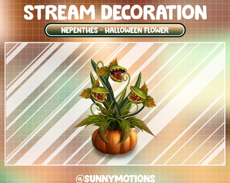 May include: A Halloween-themed stream decoration featuring a green pitcher plant with three open mouths, growing out of a bright orange pumpkin. The text "NEPENTHES - HALLOWEEN FLOWER" is displayed above the plant.