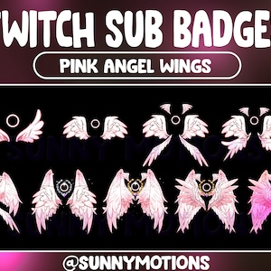 Könnte beinhalten: Ein Satz von acht Twitch-Abo-Abzeichen mit rosa Engelsflügeln in verschiedenen Variationen. Die Abzeichen beinhalten einen Heiligenschein, eine Krone und ein Herz. Der Text "PINK ANGEL WINGS" wird über den Abzeichen angezeigt. Der Text "@SUNNYMOTIONS" wird unter den Abzeichen angezeigt.