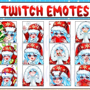 Christmas Girl Twitch Emotes Pack (Long Straight Blue Hair, Blue Eyes)/ Custom / Xmas Chibi Santa Claus Emoji / Kawaii Holiday / Streamer