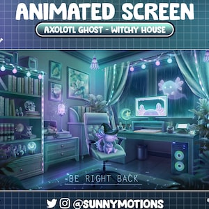 ANIMATED Twitch Stream Screen: Axolotl Ghost Witchy Celestial Game Desk Room, Dark Green Purple Halloween House In Raining Night Fairy Light