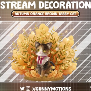 Animowana dekoracja strumienia: Lo-fi Estetyczny jesienny brązowy pomarańczowy pręgowany kot, nakładka Kitty Fall Season Twitch, kot zaglądający do liści Alert sceny