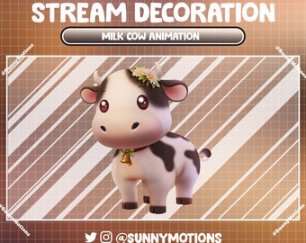 Decoración animada para streams: Vaca lechera adorable y estética, complemento kawaii para Twitch para amantes de la leche, vaca en blanco y negro.