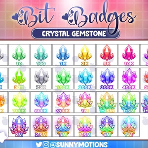 31 Colorful Neon Crystal Gems Stone Number Twitch Bit Badges, Sparkles Diamond Sub, Treasure Jewelry Complete Tier Bit Donation Streamers