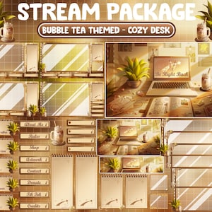 Sovrapposizione pacchetto Twitch Stream animato / Boba Bubble Tea / Scrivania da studio retrò Lofi notturna / Camera estetica accogliente / Pianta autunnale / Serata leggera