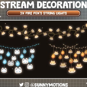 May include: Three sets of string lights featuring a cartoon fox design. Each light is a white fox head with a glowing orange, blue, or yellow flame. The lights are strung on a brown cord.