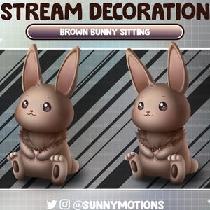 Könnte beinhalten: Ein braunes Kaninchen sitzt mit gekreuzten Pfoten. Das Kaninchen hat große, runde Augen und einen flauschigen Schwanz. Der Hintergrund ist ein grau-schwarzes Streifenmuster. Der Text "BROWN BUNNY SITTING" wird über dem Kaninchen angezeigt.