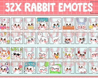 32 süße Kawaii Kaninchen Twitch Discord Emotes / Kawai Tier Emoji / Abonnent / Loyalität Sub Bit Badges / Kanalpunkte / Rosa Weißer Hase