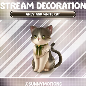 Animated Stream Decoration Animal Soft Plushy Toy / Lofi Aesthetic Grey White Calico Cat / Tuxedo Tabby / Kawaii Fluffy Kitty Twitch Overlay