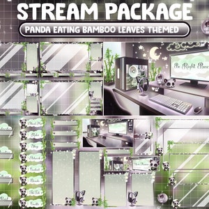 Paquete ANIMADO de transmisión de superposición de Twitch / Sala de juegos verde negro estética de baja fidelidad / Casa cálida y acogedora retro / Panda gigante comiendo hojas de bambú