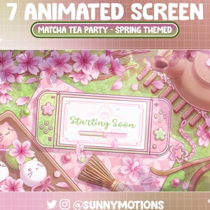 May include: A pink and green Nintendo Switch console with a screen that says "Starting Soon" on it. The console is surrounded by cherry blossoms, a teacup, and a whisk. The text "MATCHA TEA PARTY - SPRING THEMED" is at the top of the image.