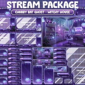 Puede incluir: Un paquete de transmisión de Twitch morado y blanco con un fantasma de murciélago de dibujos animados y el texto "Chubby Bat Ghost - Witchy House". El paquete incluye varias superposiciones, paneles y alertas para el canal de un streamer.