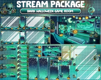 May include: A dark green and blue Halloween themed Twitch stream package with a spooky game room scene. The package includes a starting soon screen, panels, alerts, and chat boxes.