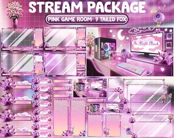 ANIMATED Stream Package:  Moon Fox Gaming Room Twitch Overlay, Pink Nine Tailed Fox, Celestial Desk Room, Lily Flower, Crescent, Star, Cloud