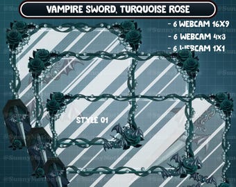 May include: 18 webcam overlays with a gothic theme. The overlays feature a turquoise rose, a vampire sword, and a coffin. The text "VAMPIRE SWORD, TURQUOISE ROSE" and "STYLE 01" are visible in the image. The overlays are available in three sizes: 16x9, 4x3, and 1x1.