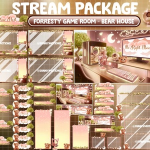 ANIMATED Twitch Overlay Stream Package: Lo-fi Aesthetic Retro Green Forresty Feel / Brown Teddy Bear House / Cozy Forest Tree Game Play Room