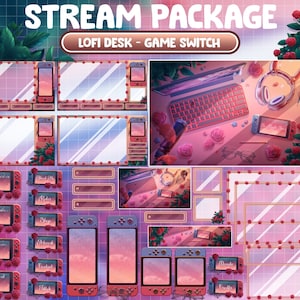 Puede incluir: Una ilustración digital de la configuración de un escritorio de streamer con un esquema de color rosa y azul. El escritorio tiene un portátil, auriculares, una Nintendo Switch y un vaso de agua. El fondo es un degradado rosa y azul con un patrón floral. La imagen incluye varias superposiciones para la transmisión, incluyendo un marco de cámara web, un cuadro de chat y un panel de donaciones. El texto "LOFI DESK - GAME SWITCH" está en la parte superior de la imagen.