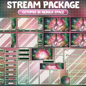 FULL ANIMATED Twitch Stream Package / Dreamy Octopus In Nebula Space / Sky Galaxy, Star Planet / Alert, Panel, Screen, Game Overlay / Spirit
