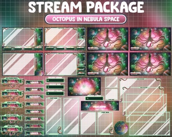 ANIMATED Stream Package: Majestic Cosmic Octopus In Vibrant Galaxy Twitch Overlay, Planets, Nebulae, Celestial Sea, Space, Fantasy Adventure