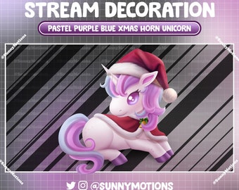 Animated Stream Decoration: Aesthetic Purple Blue Horn Unicorn, Merry Christmas Doll, Girls Pony, Unicorn House Twitch Overlay, Alert, Scene