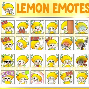 35 Cute Chibi Kawaii Lemon Twitch Discord Mixer Youtube Emotes / Fruit Emoji / Subscriber Badges / Yellow Lime Fruit Loyalty Sub Bit Badges