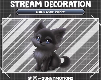 Animated Stream Decoration: Aesthetic Cute Black Wolf Pup Sitting, Baby Wolf Cub Twitch Overlay, Animals Wild Forest Spirit Pup Vtuber Asset