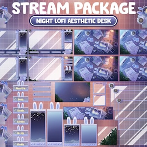 Geanimeerde Twitch Stream-pakketoverlay / Blauw Retro Lofi Desk Night / Gezellige esthetische kamer / Vaporwave Paashaas, waarschuwingen / Bullet Journal