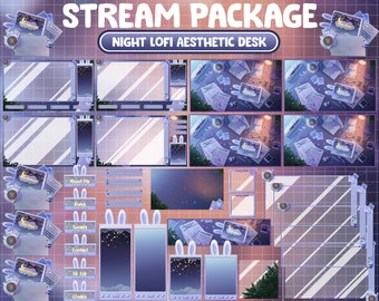 Animated Twitch Stream Package Overlay / Blue Retro Lofi Desk Night / Cozy Aesthetic Room / Vaporwave Easter Bunny, Alerts / Bullet Journal