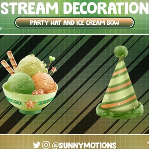 May include: Green and orange party hat with a white pom pom on top. A green bowl with three scoops of ice cream: green, light green, and orange. The ice cream is topped with sprinkles, a star, and two chocolate sticks.