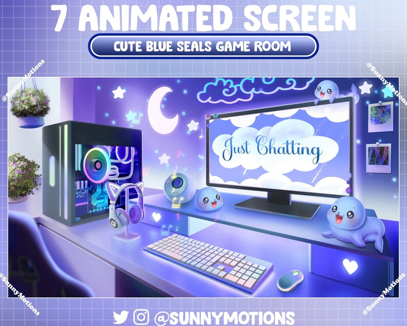 7 Animated Lo-fi Blue Seals Animal Twitch Screen Overlay, Kawaii Baby ...