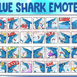 28 Twitch Discord Emotes Cute Blue Shark / Kawai Chibi Fish Emoji / Sea Animal Sub Bit Badges /  Streamer Bundle Overlay / Channel Points