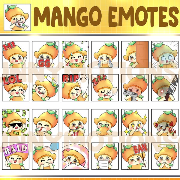 35 Cute Chibi Kawaii Mango Twitch Discord Mixer Youtube Emotes / Fruit Emoji / Subscriber Badge / Orange Yellow Fruit Loyalty Sub Bit Badges